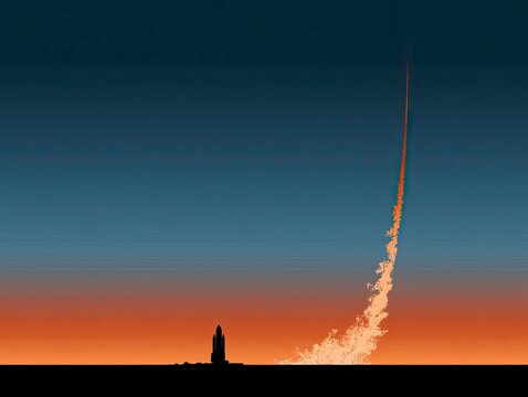 Rocket Launch During Sunset Creating Trail in Sky Over Mountain Landscape