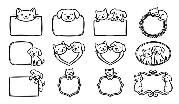 Cute Cat Dog Speech Bubble Doodle Hand Drawn Pet Talk Vector Illustration Set
