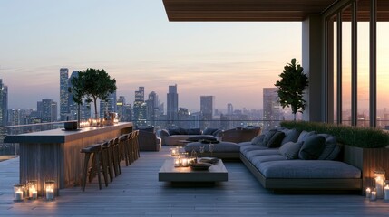 Fototapeta premium Modern rooftop terrace overlooking city skyline with lounge seating and sunset view
