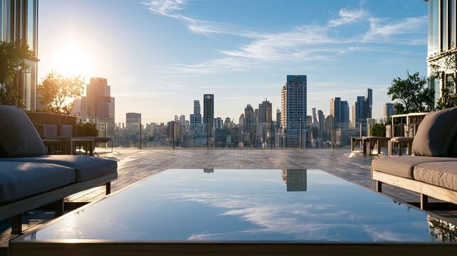 Modern outdoor terrace with city skyline view in warm golden sunlight