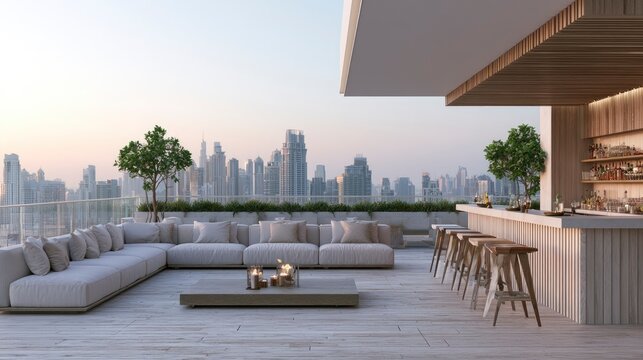 Modern rooftop terrace with city skyline view, outdoor seating, bar counter and wooden accents during sunset