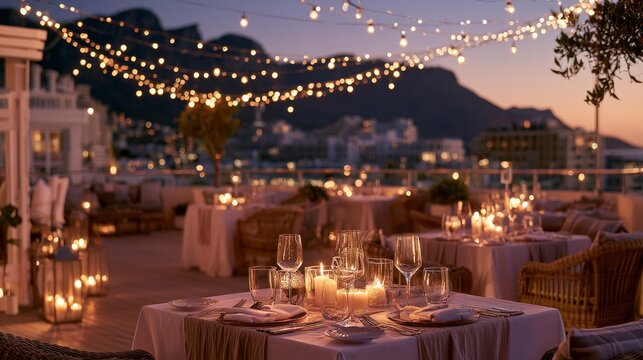 Elegant rooftop dinner setting with string lights and city nightscape backdrop