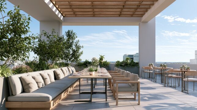 Modern rooftop terrace with outdoor seating and city skyline view during daytime