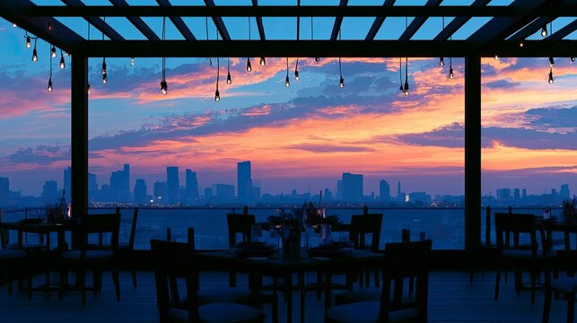 Sunset over city skyline viewed from a balcony with outdoor dining setup