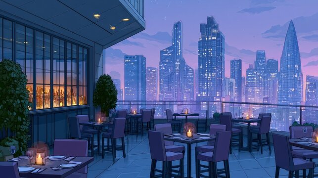 Rooftop Restaurant with Sunset City Skyline View and Elegant Dining Setup