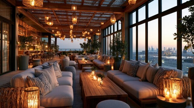 Elegant Indoor Lounge with Large Windows and Cozy Lighting at Sunset