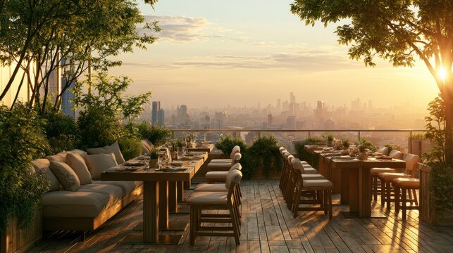 Sunset rooftop restaurant with outdoor seating overlooking city skyline and greenery