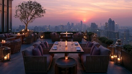Fototapeta premium Sunset views from upscale rooftop restaurant overlooking city skyline