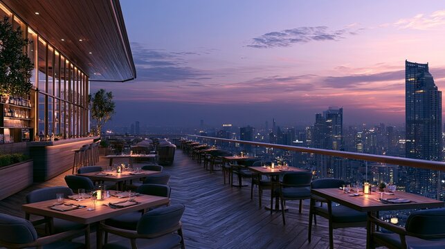 Rooftop Dining Space with City View at Sunset Featuring Elegant Tables and Modern Architecture