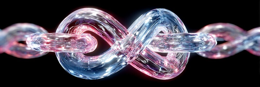Transparent glass chain links forming an endless infinity loop symbol with glowing red and blue light reflections isolated against a dark background