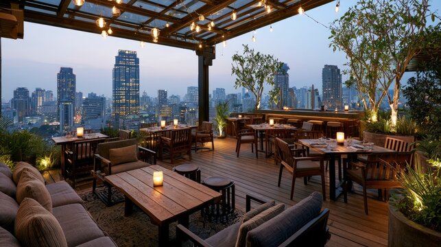 Rooftop restaurant with city skyline view during evening time, outdoor social dining space with trees and city lights