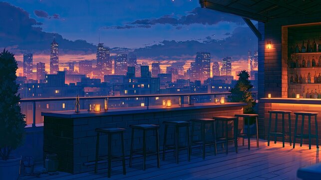 Rooftop Bar View of City Skyline at Night with Illuminated Buildings and Cozy Atmosphere