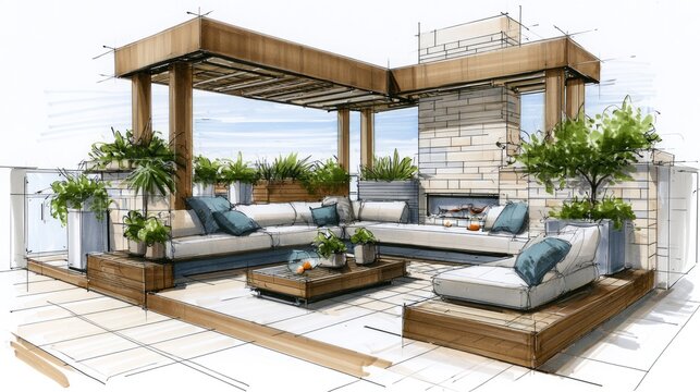 Modern outdoor rooftop terrace with stylish L-shaped seating and lush greenery