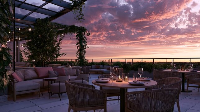 Elegant rooftop restaurant overlooking sunset with outdoor seating and scenic view