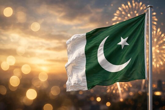 Pakistan Independence Day flag waving with golden bokeh lights and fireworks celebration