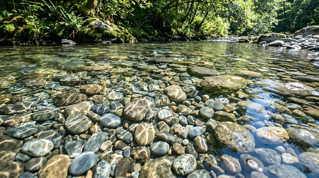 "Crystal clear freshwater with smooth pebbles and stones visible on the bottom, sunlight creating shimmering patterns, pure and refreshing."