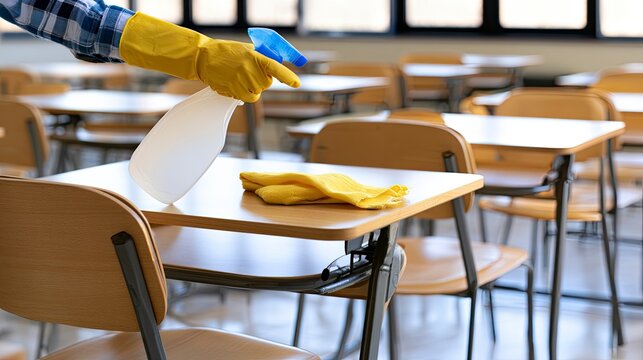 Teacher Cleaning Desks in Classroom with Spray Bottle and Cloth