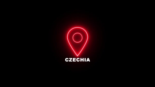 Red neon location pin icon with the text CZECHIA , Country GPS location tracking icon. map pointer navigation and place tracker icon.