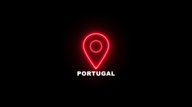 Red neon location pin icon with the text PORTUGAL , Country GPS location tracking icon. map pointer navigation and place tracker icon.