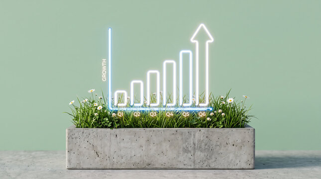 Neon glowing bar graph representing quarterly growth emerging from a concrete planter with delicate white daisies and green grass