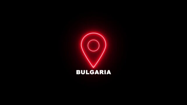 Red neon location pin icon with the text BULGARIA , Country GPS location tracking icon. map pointer navigation and place tracker icon.