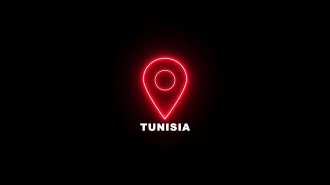 Red neon location pin icon with the text TUNISIA , Country GPS location tracking icon. map pointer navigation and place tracker icon.