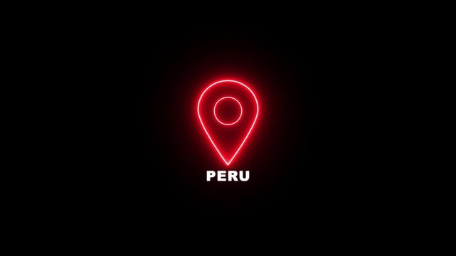 Red neon location pin icon with the text PERU , Country GPS location tracking icon. map pointer navigation and place tracker icon.
