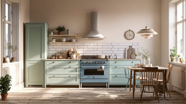 Bright, Modern Kitchen with Pastel Blue Cabinets and Natural Light