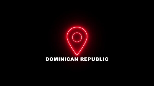 Red neon location pin icon with the text DOMINICAN REPUBLIC , Country GPS location tracking icon. map pointer navigation and place tracker icon.