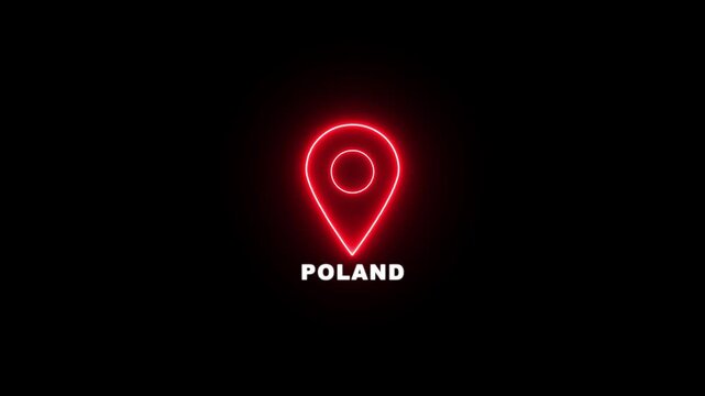 Red neon location pin icon with the text POLAND , Country GPS location tracking icon. map pointer navigation and place tracker icon.