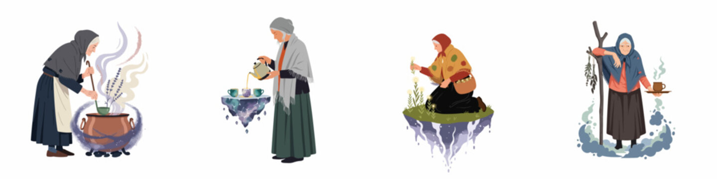 Set of Mystical Elderly Witch Characters Brewing Potions, Gathering Herbs, and Performing Magic Rituals; Fantasy Old Woman Illustrations for Folklore, Occult, and Witchcraft Themes