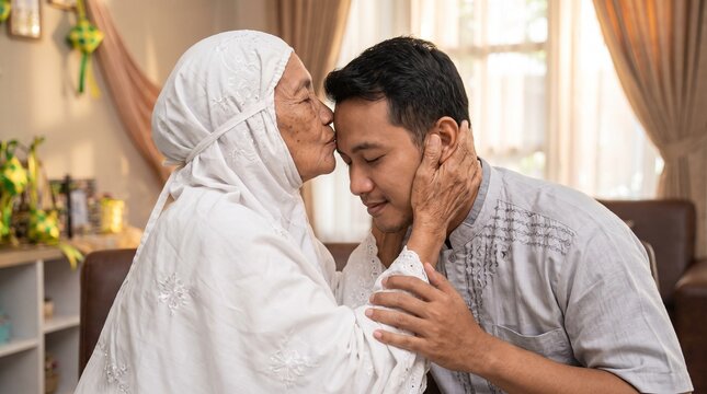 Muslim Mother Kissing Son Forehead During Eid Celebration at Home