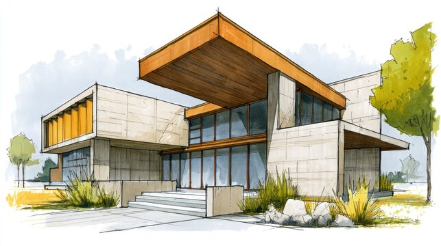 Modern architectural house with large glass windows and overhanging roof in a landscaped setting