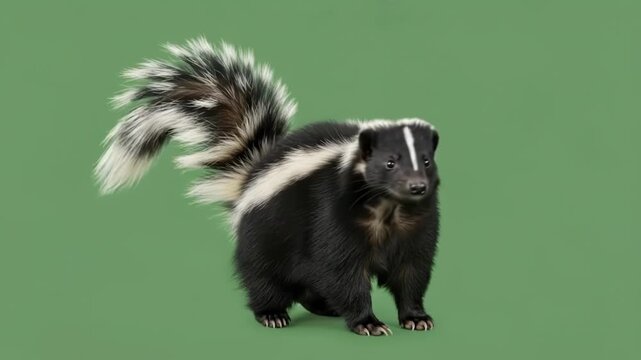 A side view of a striped skunk standing against a simple green background
