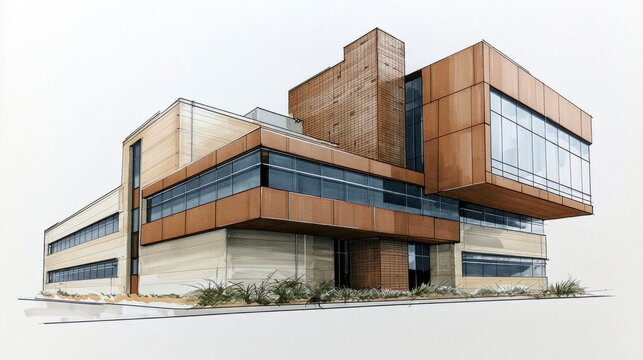 Modern Architectural Building with Geometric Design and Large Windows