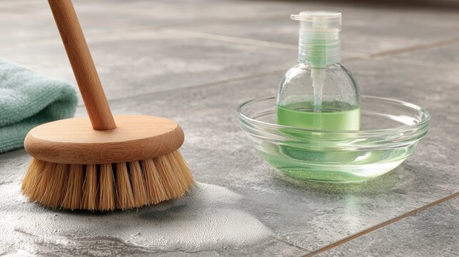 Cleaning Supplies with Hand Brush Soap and Liquid Bottle on Gray Surface