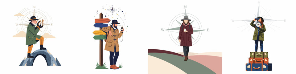 Vector Illustration Set of Travelers Navigating with Compasses, Binoculars, and Signposts; Concepts for Exploration, Adventure, Discovery, and Strategic Decision Making in Flat Style