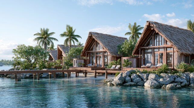 Tropical waterfront vacation villas with wooden deck and lush palm trees under blue sky