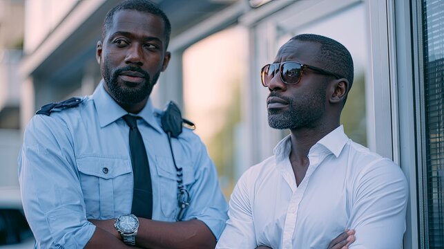 Two confident African American men standing outdoors near building with glass windows