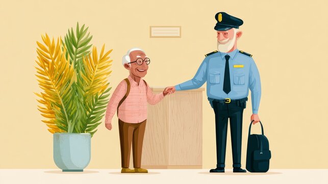 Elderly Woman Shaking Hands with Police Officer in Reception Area