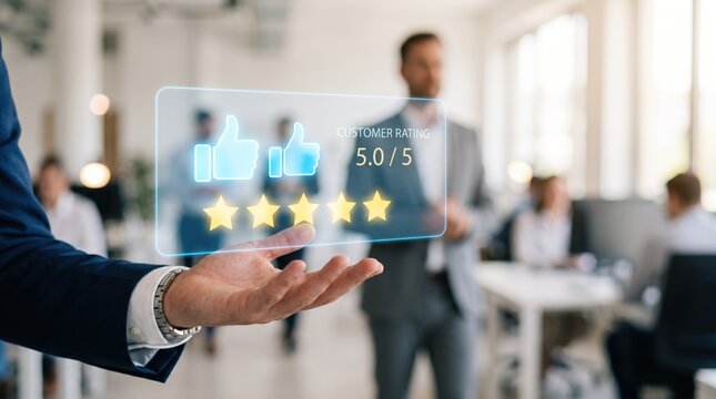 Customer rating five stars hologram display, positive feedback thumbs up icon for service quality excellence and client satisfaction review in modern business office setting.