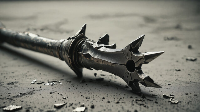 Close-up of a damaged dark fantasy metal mace weapon lying on a textured surface