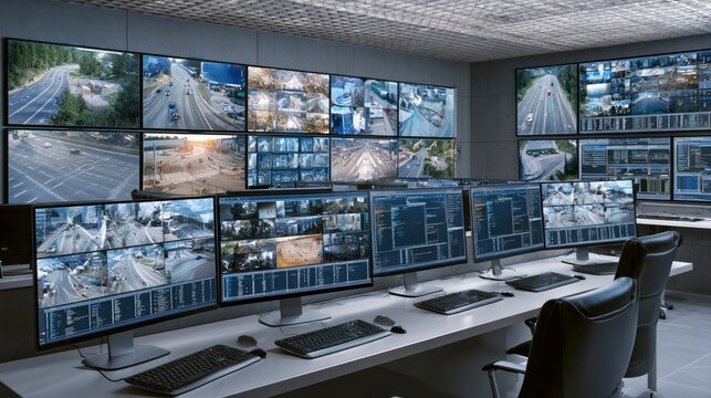 Advanced traffic monitoring control room with multiple screens and surveillance cameras