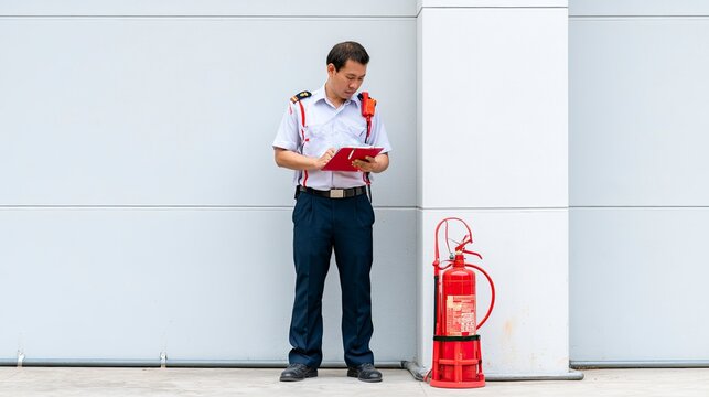 Male security guard checking a clipboard beside a fire extinguisher near a plain wall