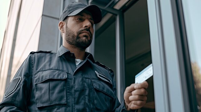 Male security guard holding access card outside modern glass building at night