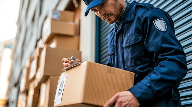 Male Warehouse Worker in Uniform Sorting and Inspecting Package in Delivery Facility