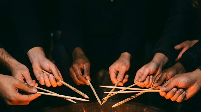 Diverse group of people holding wooden sticks over campfire at night