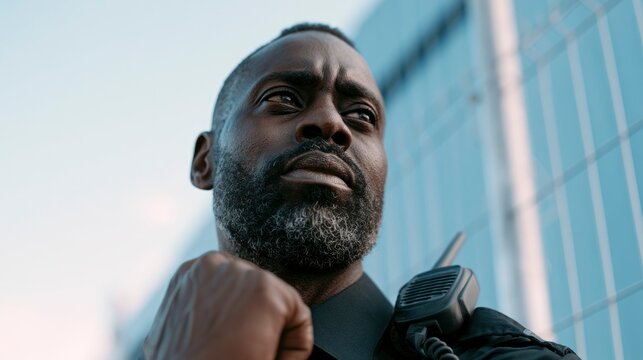 Close-up of serious African American male police officer outdoors in urban environment
