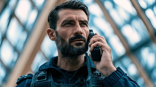 Man with a beard talking on a mobile phone while inside glass and wooden architectural structure