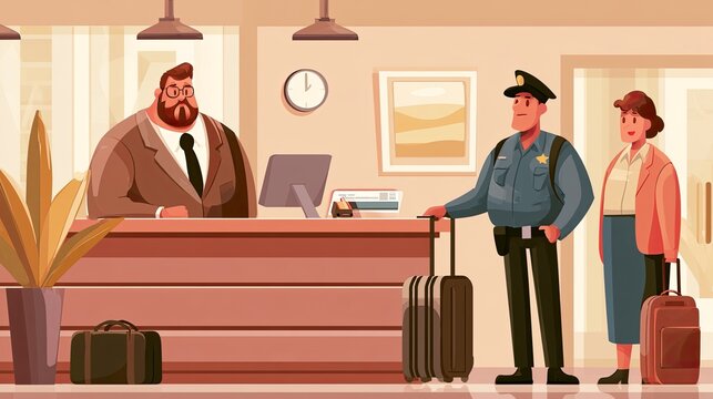 Airport check-in counter with staff security officer and traveler with luggage
